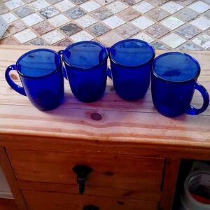 Arcoroc (4) COBALT BLUE  Glass Coffee Mugs 10 oz Very Good Preowned Shiny (mult)